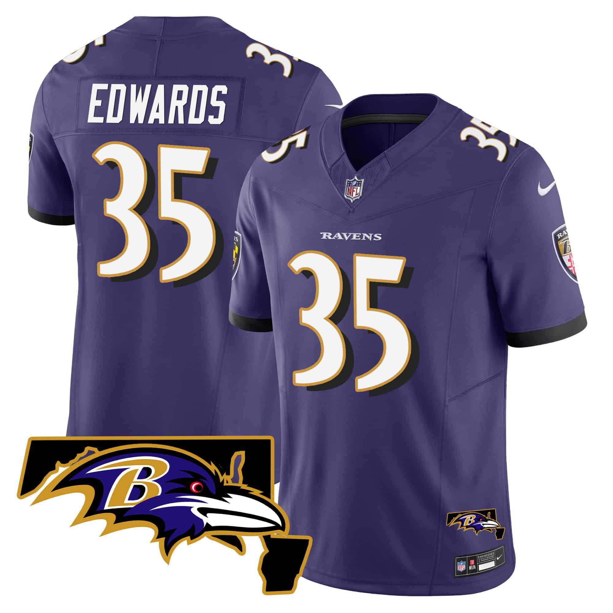 Men Baltimore Ravens 35 Edwards Purple 2024 Nike Maryland Patch Vapor Limited NFL Jersey style 1